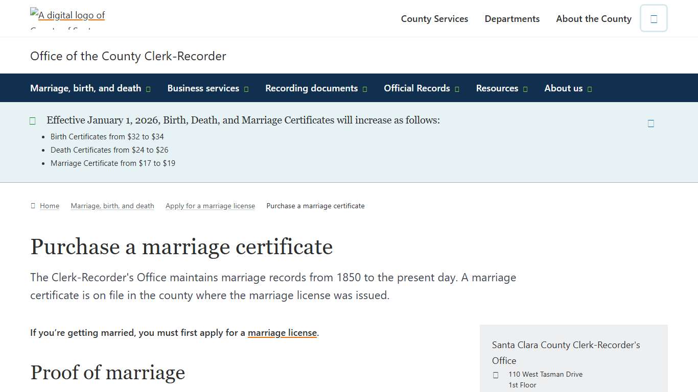 Purchase a marriage certificate Office of the County Clerk-Recorder County of Santa Clara